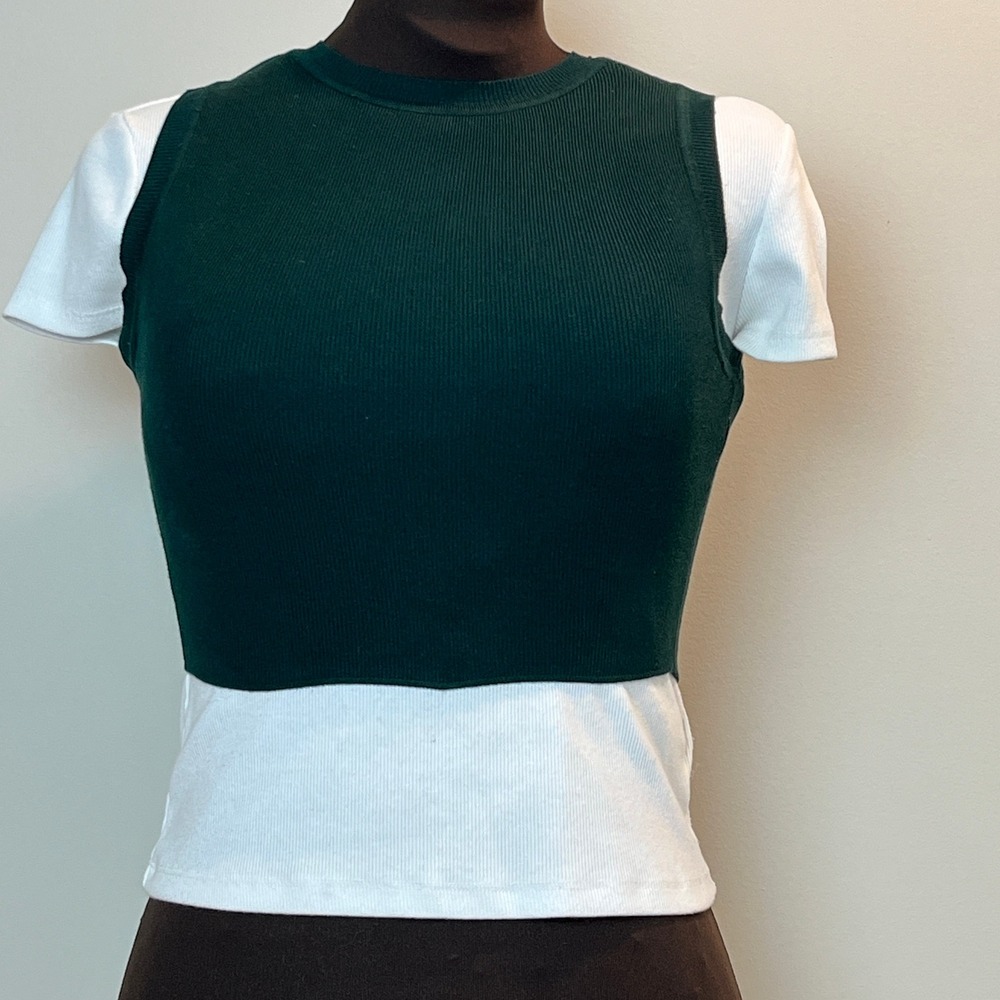 Zara Womens Forest Green Ribbed Knit Sleeveless Crop Top Crew Neck Small
